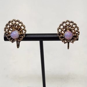 Filigree Gold Tone Shell Faux Opal Clip On Earrings Vintage Jewelry Costume
